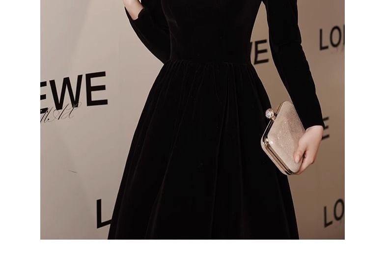 Long-Sleeve Velvet A-Line Evening Gown