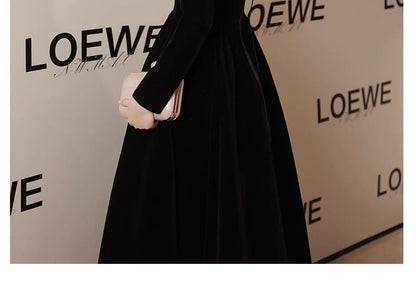 Long-Sleeve Velvet A-Line Evening Gown