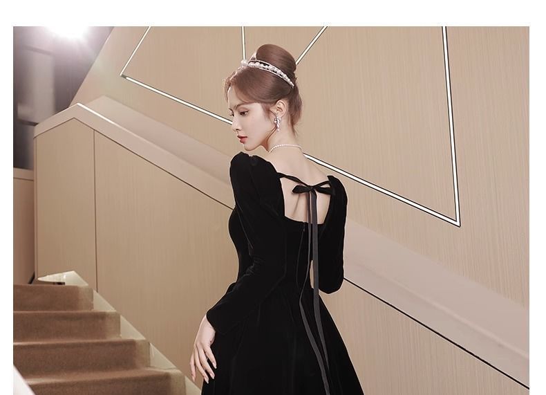 Long-Sleeve Velvet A-Line Evening Gown