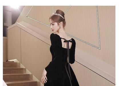 Long-Sleeve Velvet A-Line Evening Gown