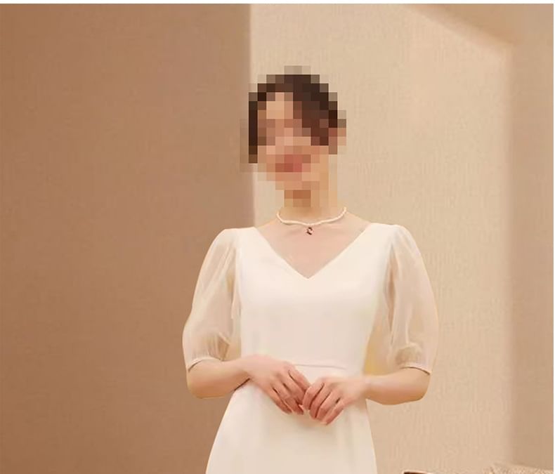 Short-Sleeve V-Neck Plain Mermaid Evening Gown