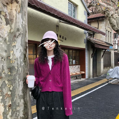 Knit Cardigan Button-Up Cable Plain