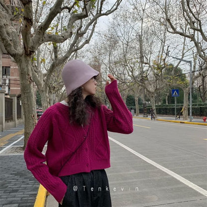 Knit Cardigan Button-Up Cable Plain