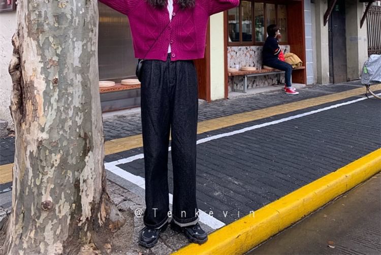 Knit Cardigan Button-Up Cable Plain