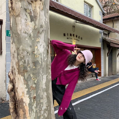 Knit Cardigan Button-Up Cable Plain