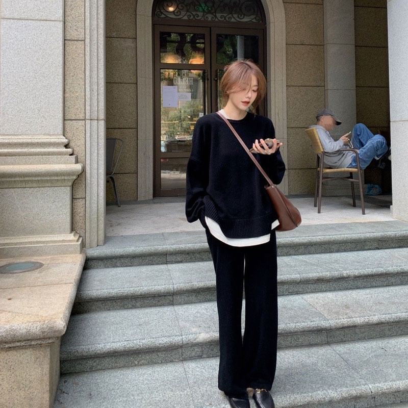 Two-Tone Set: + Pants High Leg Crew Long-Sleeve Waist T-Shirt Wide Neck