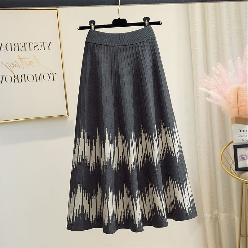 Skirt Waist Knit Midi Printed High A-Line