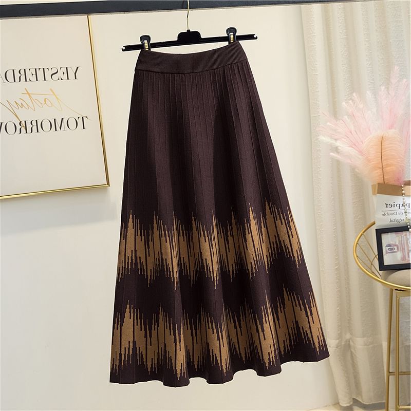 Skirt Waist Knit Midi Printed High A-Line