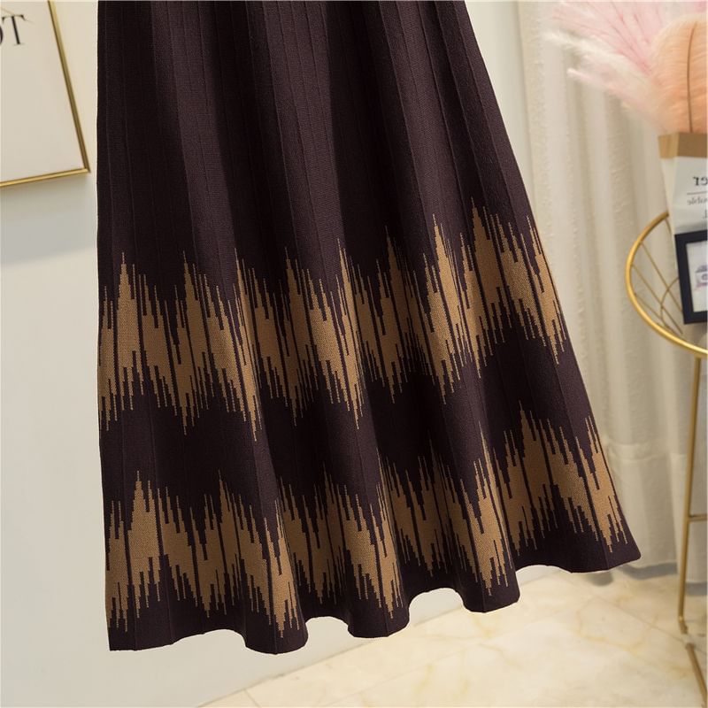 Skirt Waist Knit Midi Printed High A-Line