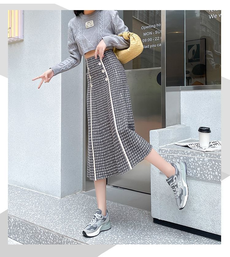 Waist High Skirt Midi Plaid Knit A-Line