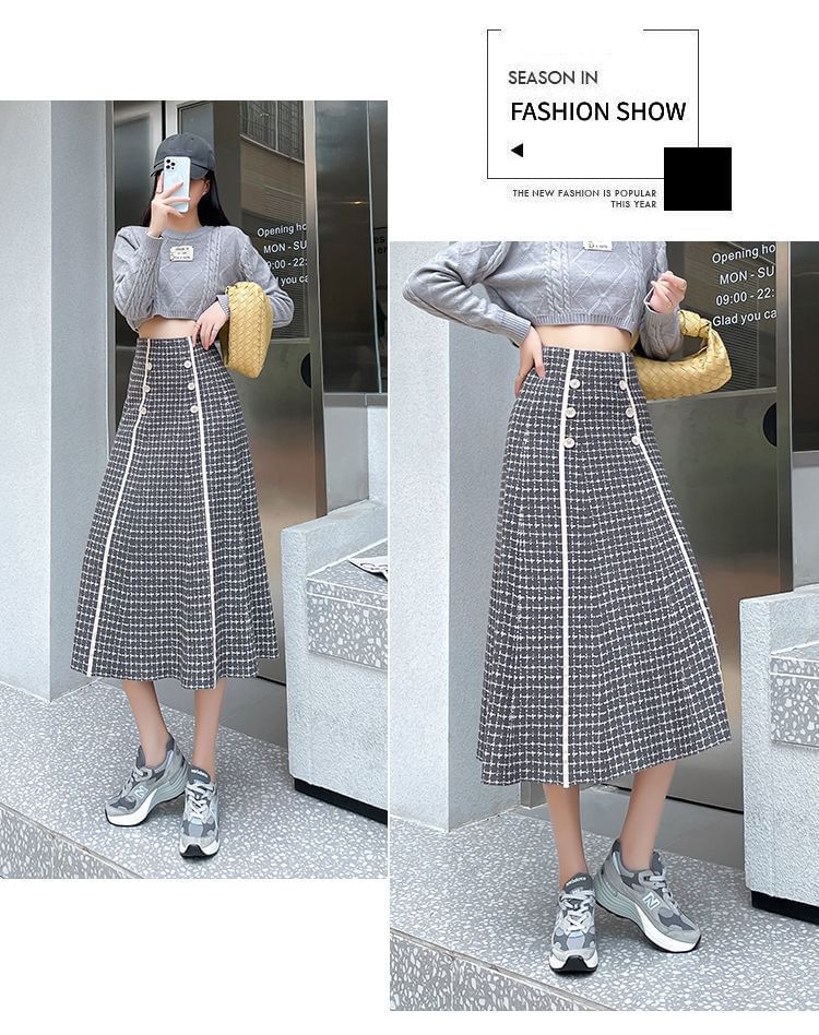 Waist High Skirt Midi Plaid Knit A-Line