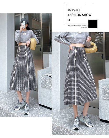 Waist High Skirt Midi Plaid Knit A-Line