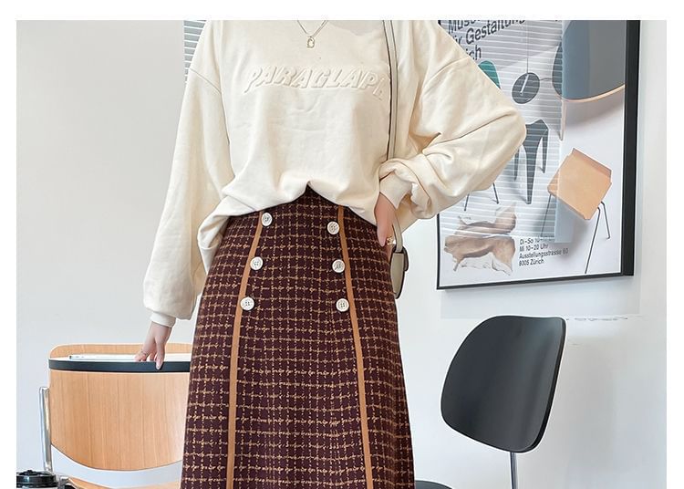 Waist High Skirt Midi Plaid Knit A-Line