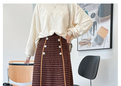 Waist High Skirt Midi Plaid Knit A-Line