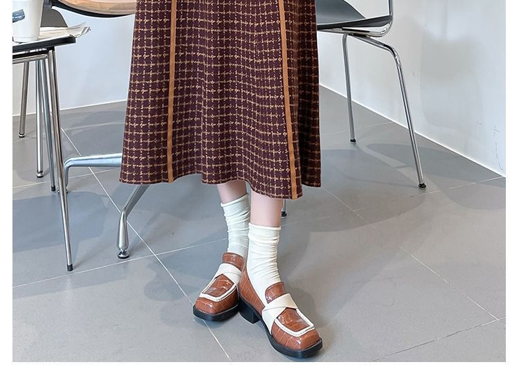 Waist High Skirt Midi Plaid Knit A-Line