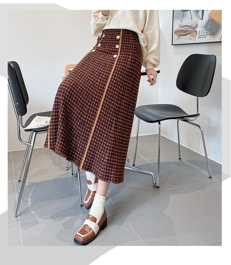 Waist High Skirt Midi Plaid Knit A-Line
