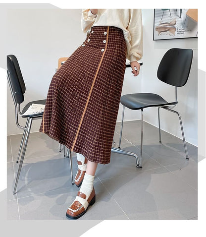 Waist High Skirt Midi Plaid Knit A-Line