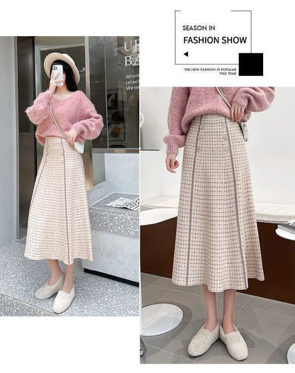 Waist High Skirt Midi Plaid Knit A-Line