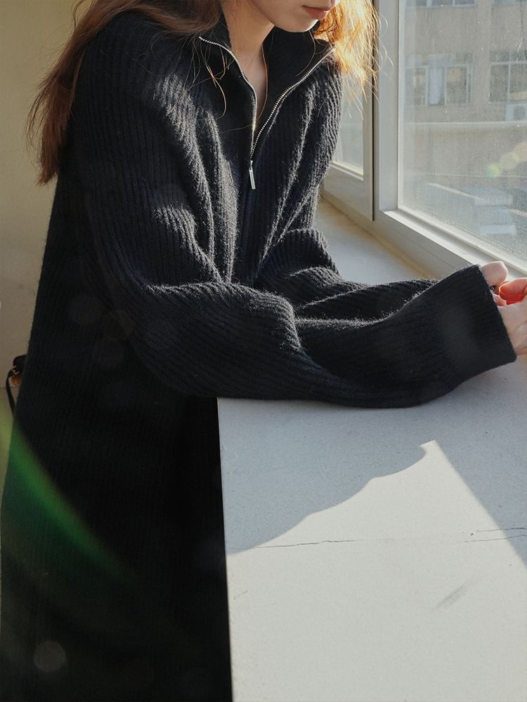 Midi Ribbed Sweater Dress Plain Long-Sleeve Half-Zip