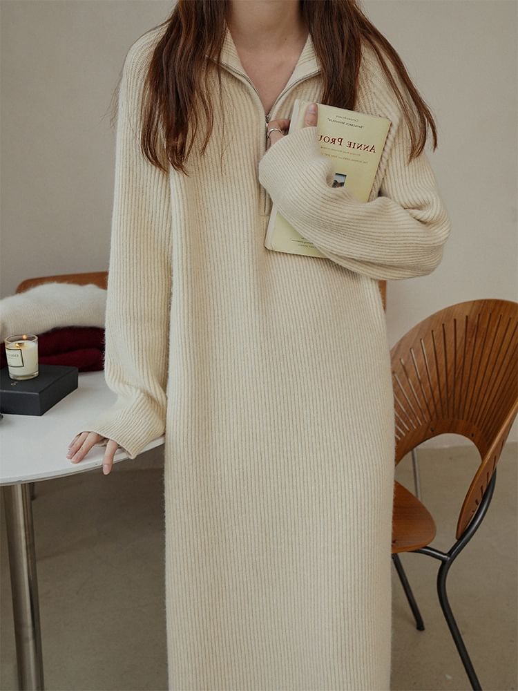 Midi Ribbed Sweater Dress Plain Long-Sleeve Half-Zip
