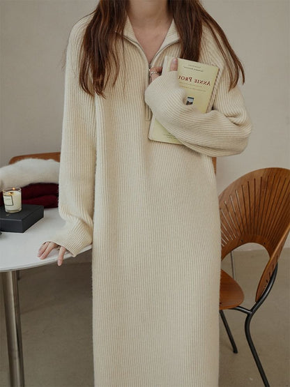 Midi Ribbed Sweater Dress Plain Long-Sleeve Half-Zip