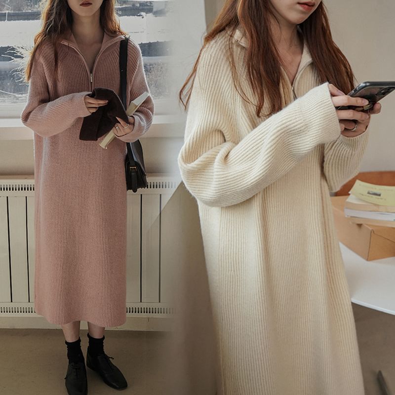 Midi Ribbed Sweater Dress Plain Long-Sleeve Half-Zip
