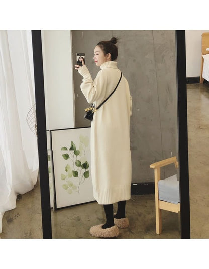 Long-Sleeve Turtleneck Plain Midi Sweater Dress