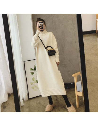 Long-Sleeve Turtleneck Plain Midi Sweater Dress