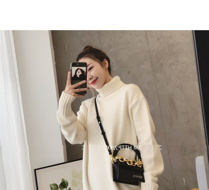 Long-Sleeve Turtleneck Plain Midi Sweater Dress