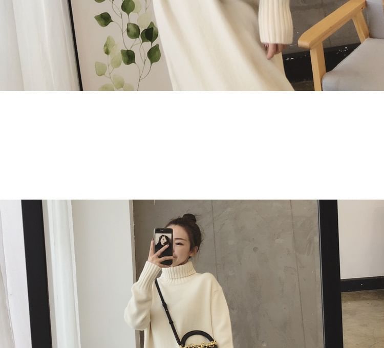 Long-Sleeve Turtleneck Plain Midi Sweater Dress