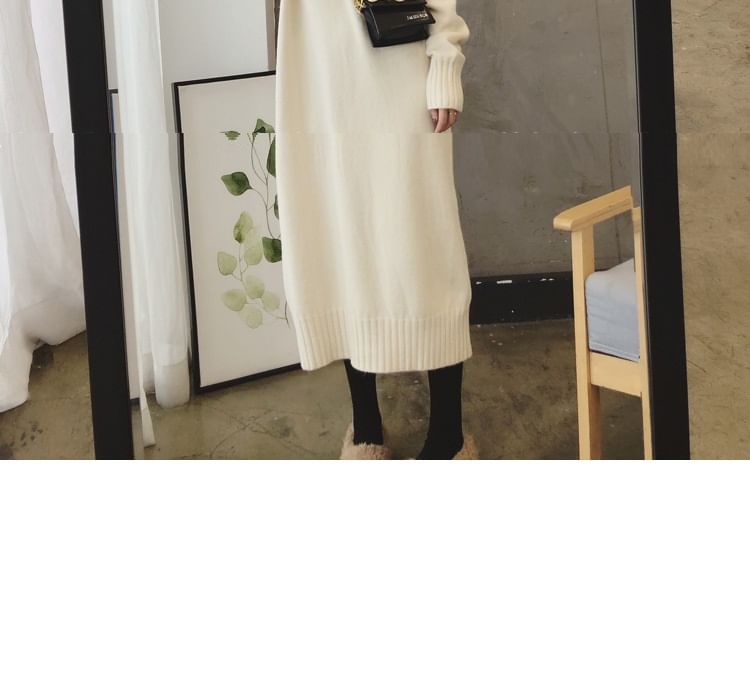 Long-Sleeve Turtleneck Plain Midi Sweater Dress