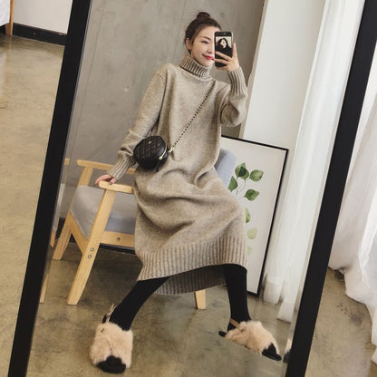 Long-Sleeve Turtleneck Plain Midi Sweater Dress