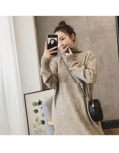 Long-Sleeve Turtleneck Plain Midi Sweater Dress