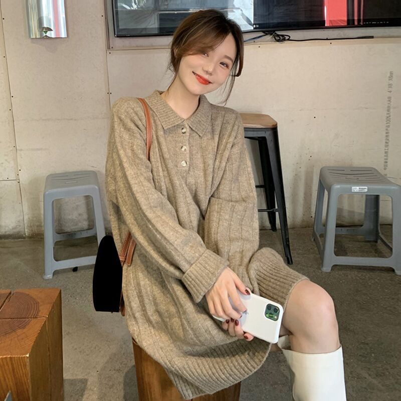 Plain Dress Long-Sleeve Polo-Neck Mini Sweater