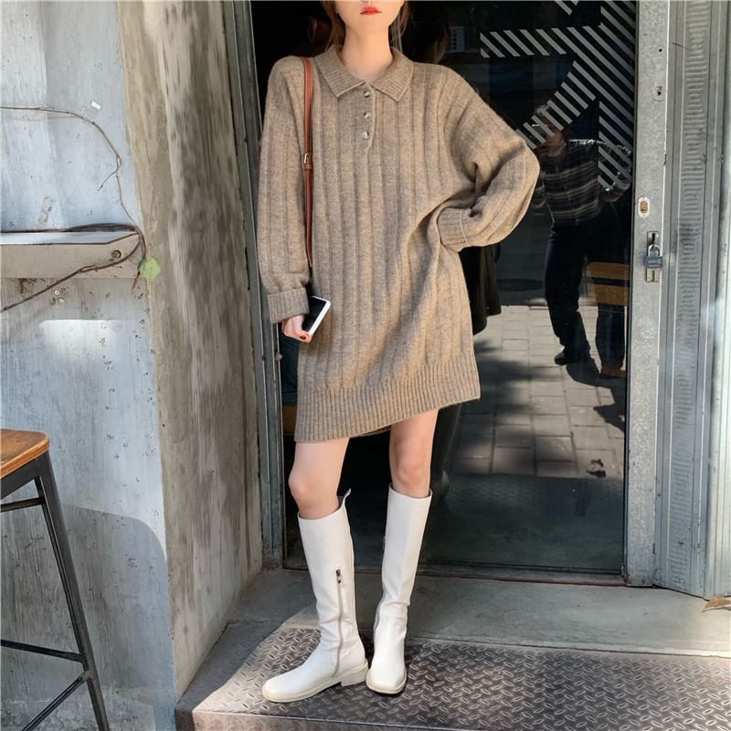 Plain Dress Long-Sleeve Polo-Neck Mini Sweater