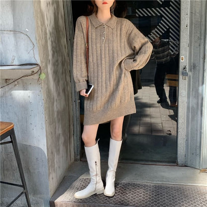 Plain Dress Long-Sleeve Polo-Neck Mini Sweater