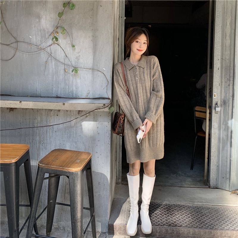 Plain Dress Long-Sleeve Polo-Neck Mini Sweater