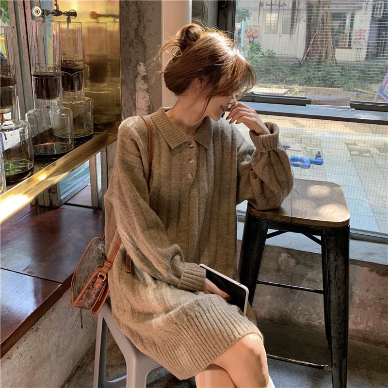 Plain Dress Long-Sleeve Polo-Neck Mini Sweater