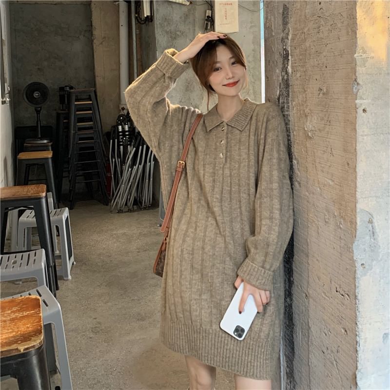 Plain Dress Long-Sleeve Polo-Neck Mini Sweater