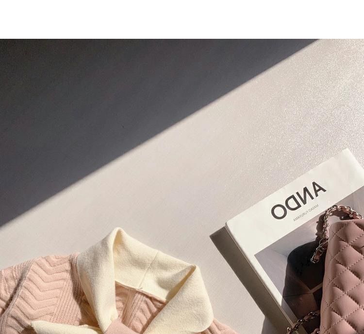 Midi Plain Knit Dress Tie-Neck Button-Up Puff-Sleeve