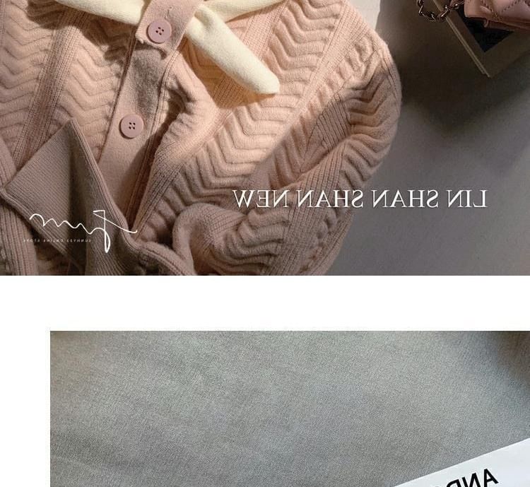 Midi Plain Knit Dress Tie-Neck Button-Up Puff-Sleeve