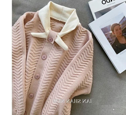 Midi Plain Knit Dress Tie-Neck Button-Up Puff-Sleeve