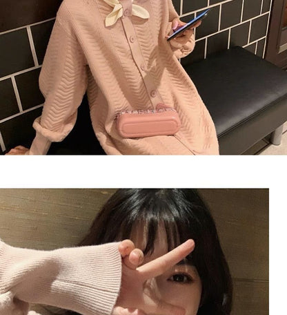 Midi Plain Knit Dress Tie-Neck Button-Up Puff-Sleeve