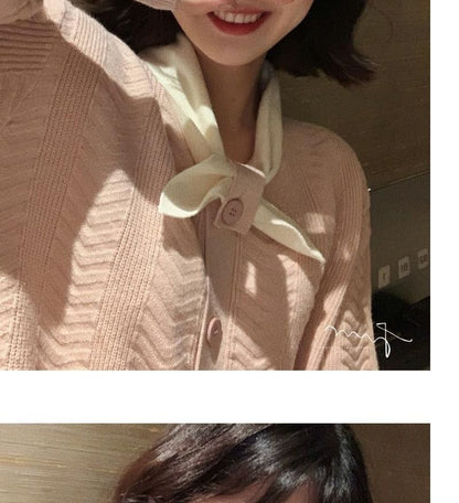 Midi Plain Knit Dress Tie-Neck Button-Up Puff-Sleeve