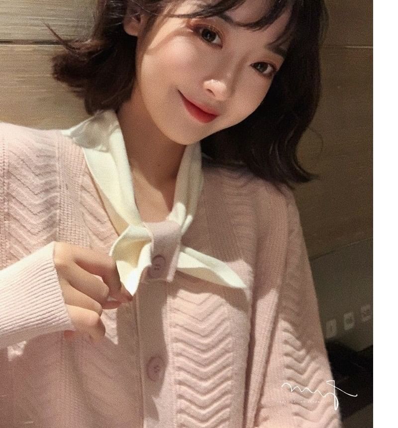 Midi Plain Knit Dress Tie-Neck Button-Up Puff-Sleeve