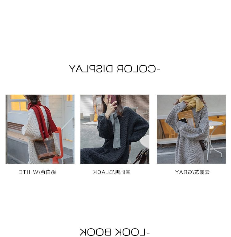 Long-Sleeve V-Neck Plain Midi Sweater Dress