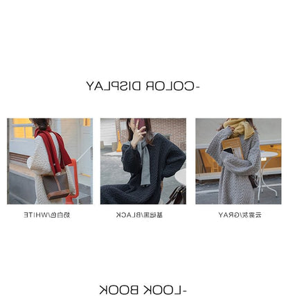 Long-Sleeve V-Neck Plain Midi Sweater Dress