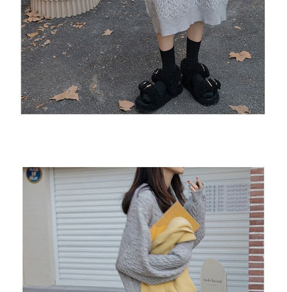 Long-Sleeve V-Neck Plain Midi Sweater Dress