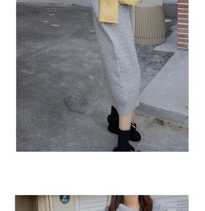 Long-Sleeve V-Neck Plain Midi Sweater Dress