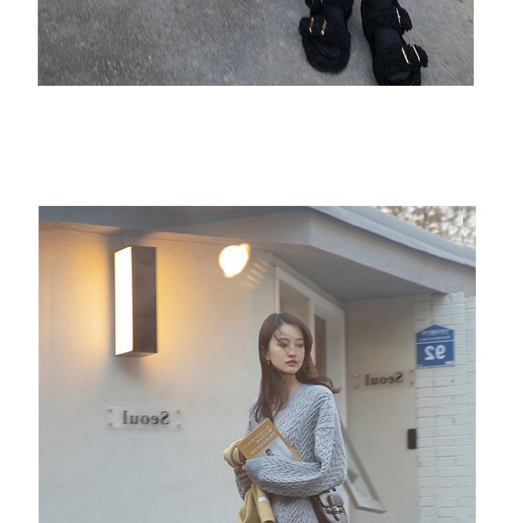 Long-Sleeve V-Neck Plain Midi Sweater Dress